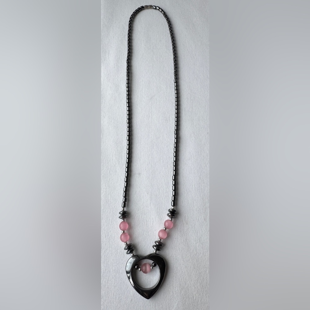 Vintage Black Hematite & Pink Rose Quartz Heart Pendant Necklace 22”